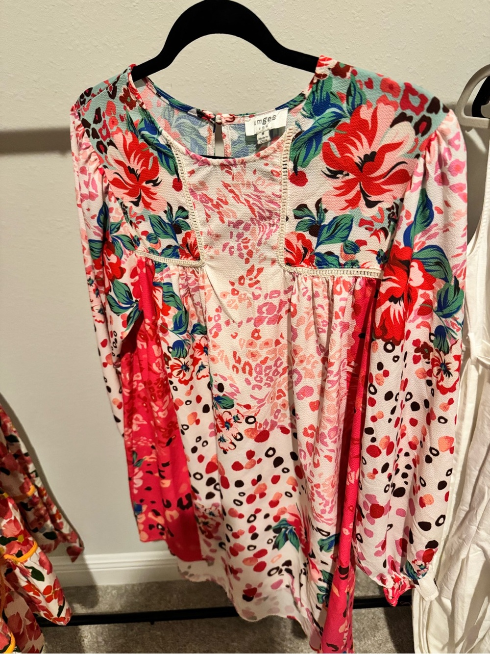Umgee Floral Pink Red Long Sleeve Boho Dress